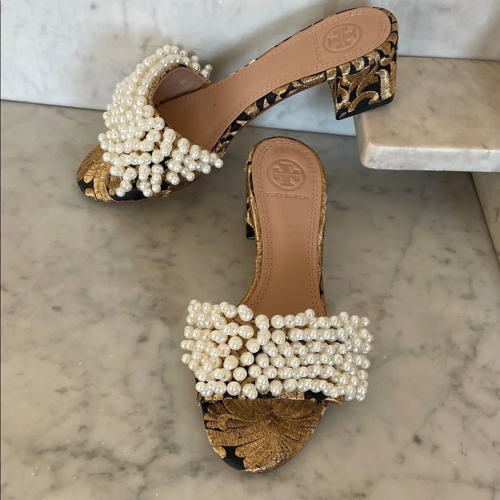 TORY BURCH Tatiana White Pearl Black Gold Brocade Slides Sandal 6M